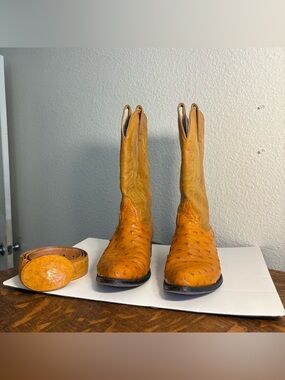 Vintage Ostrich Leather Cowboy Boots Men’s Size 9.5 EE Cognac Western Belt